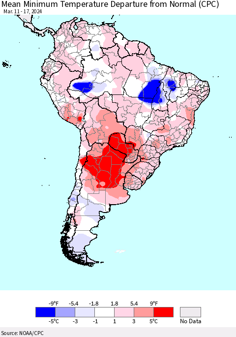 South America Mean Minimum Temperature Departure from Normal (CPC) Thematic Map For 3/11/2024 - 3/17/2024