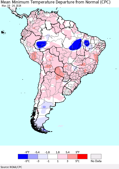 South America Mean Minimum Temperature Departure from Normal (CPC) Thematic Map For 3/18/2024 - 3/24/2024