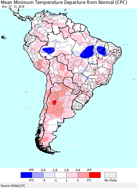 South America Mean Minimum Temperature Departure from Normal (CPC) Thematic Map For 3/25/2024 - 3/31/2024