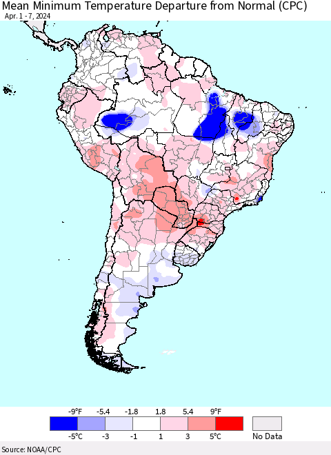 South America Mean Minimum Temperature Departure from Normal (CPC) Thematic Map For 4/1/2024 - 4/7/2024