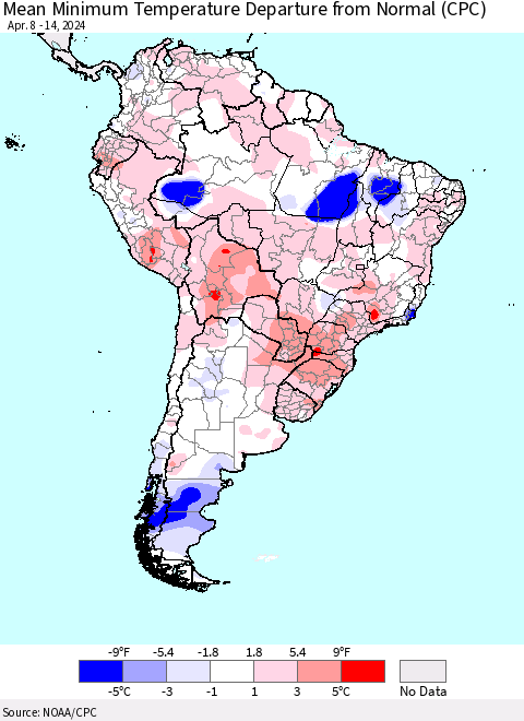 South America Mean Minimum Temperature Departure from Normal (CPC) Thematic Map For 4/8/2024 - 4/14/2024
