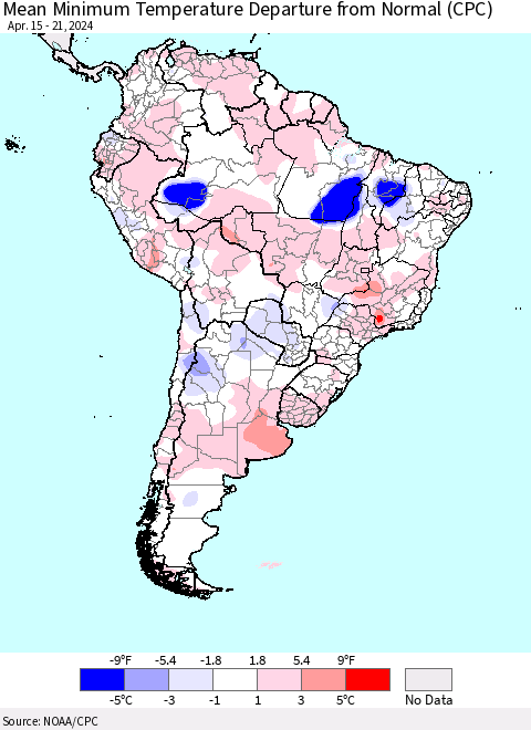 South America Mean Minimum Temperature Departure from Normal (CPC) Thematic Map For 4/15/2024 - 4/21/2024