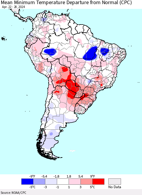 South America Mean Minimum Temperature Departure from Normal (CPC) Thematic Map For 4/22/2024 - 4/28/2024