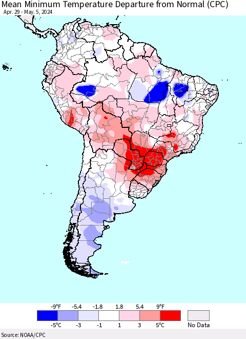South America Mean Minimum Temperature Departure from Normal (CPC) Thematic Map For 4/29/2024 - 5/5/2024