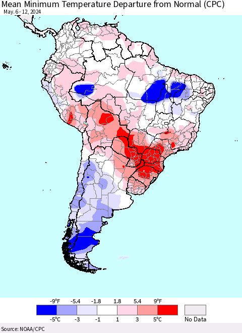 South America Mean Minimum Temperature Departure from Normal (CPC) Thematic Map For 5/6/2024 - 5/12/2024