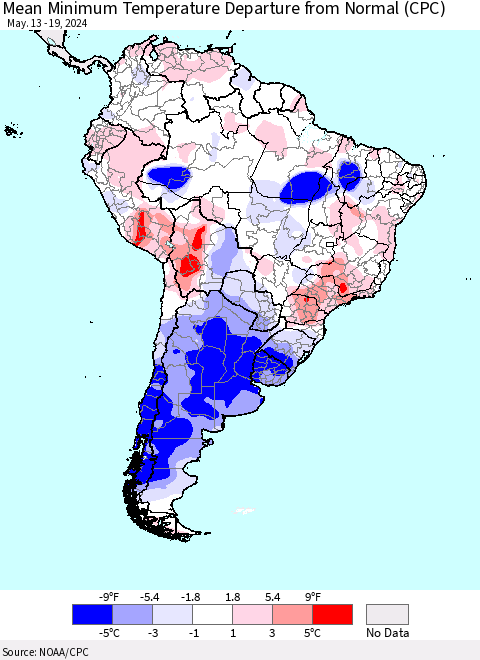 South America Mean Minimum Temperature Departure from Normal (CPC) Thematic Map For 5/13/2024 - 5/19/2024