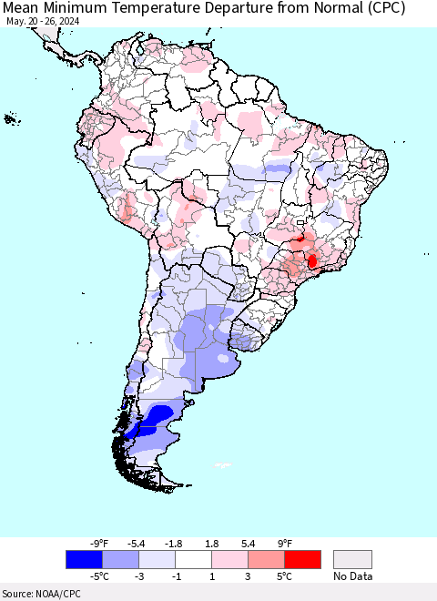 South America Mean Minimum Temperature Departure from Normal (CPC) Thematic Map For 5/20/2024 - 5/26/2024