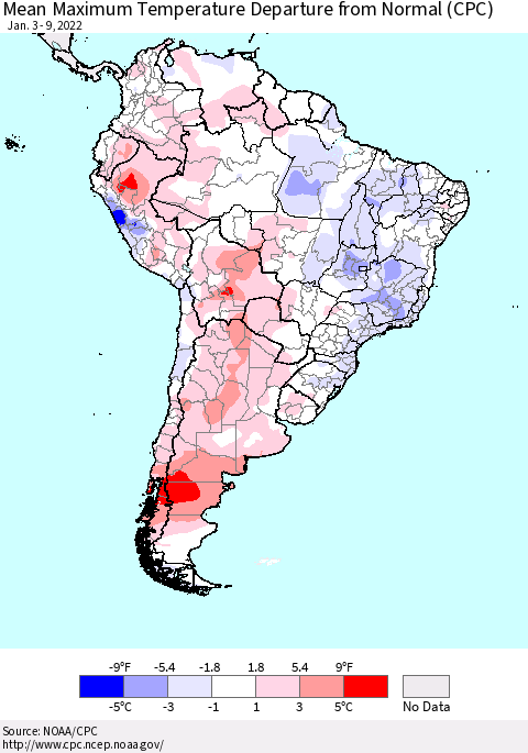 South America Mean Maximum Temperature Departure from Normal (CPC) Thematic Map For 1/3/2022 - 1/9/2022