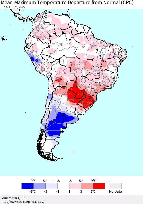 South America Mean Maximum Temperature Departure from Normal (CPC) Thematic Map For 1/17/2022 - 1/23/2022