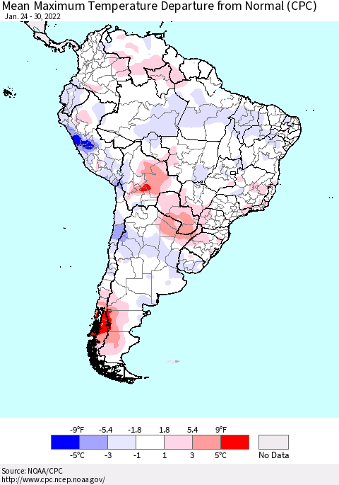 South America Mean Maximum Temperature Departure from Normal (CPC) Thematic Map For 1/24/2022 - 1/30/2022