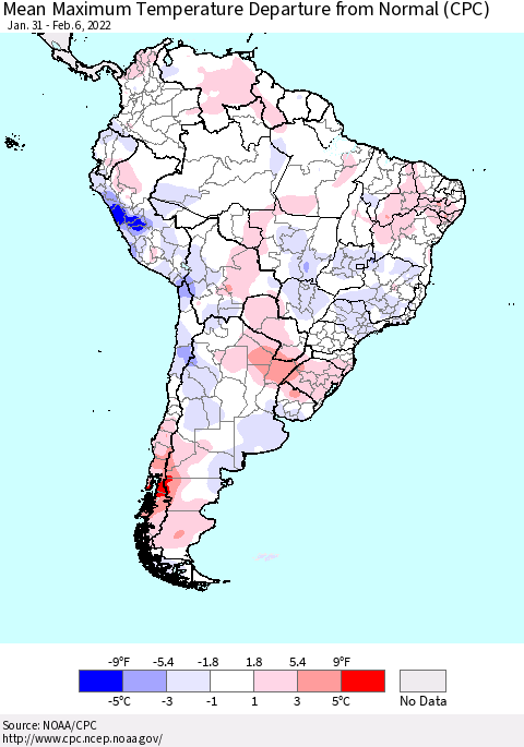 South America Mean Maximum Temperature Departure from Normal (CPC) Thematic Map For 1/31/2022 - 2/6/2022