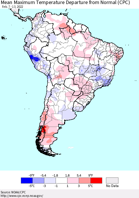 South America Mean Maximum Temperature Departure from Normal (CPC) Thematic Map For 2/7/2022 - 2/13/2022