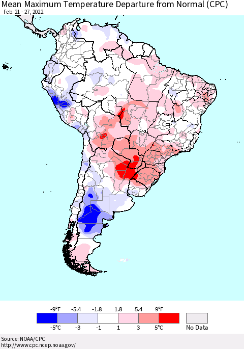 South America Mean Maximum Temperature Departure from Normal (CPC) Thematic Map For 2/21/2022 - 2/27/2022
