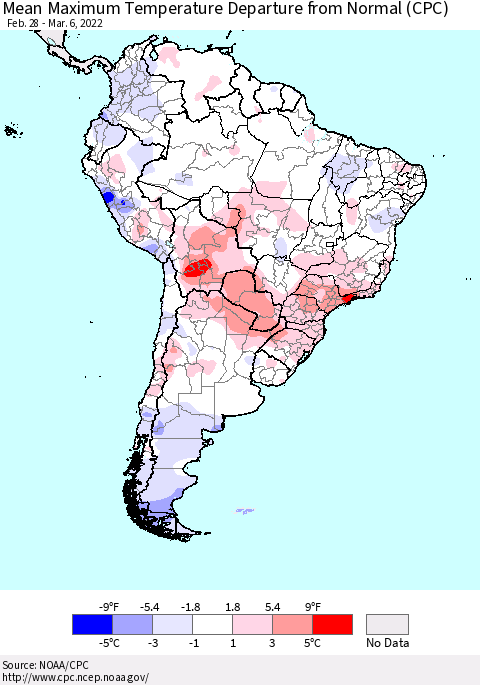 South America Mean Maximum Temperature Departure from Normal (CPC) Thematic Map For 2/28/2022 - 3/6/2022