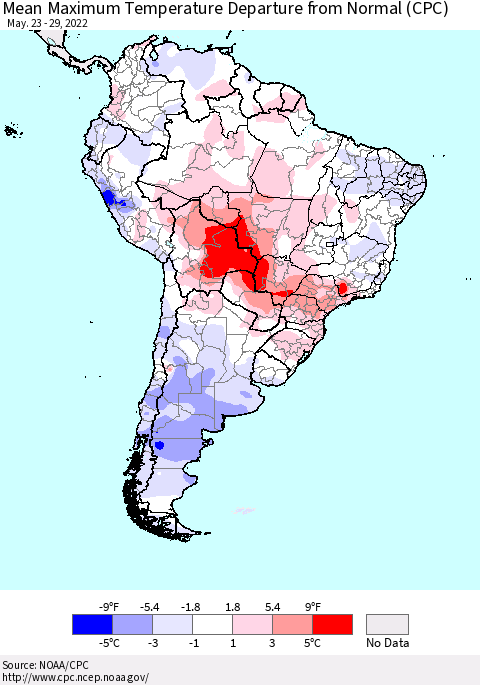 South America Mean Maximum Temperature Departure from Normal (CPC) Thematic Map For 5/23/2022 - 5/29/2022