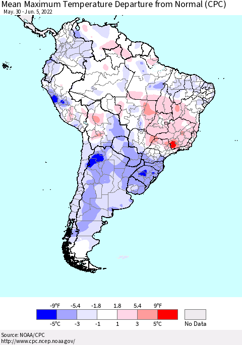 South America Mean Maximum Temperature Departure from Normal (CPC) Thematic Map For 5/30/2022 - 6/5/2022