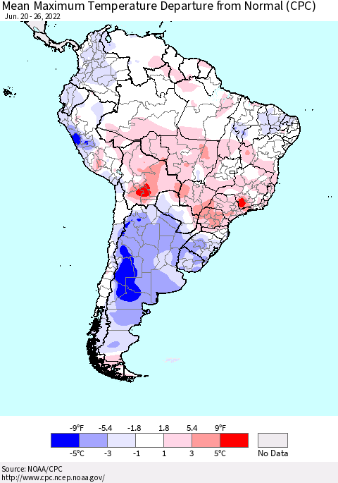 South America Mean Maximum Temperature Departure from Normal (CPC) Thematic Map For 6/20/2022 - 6/26/2022