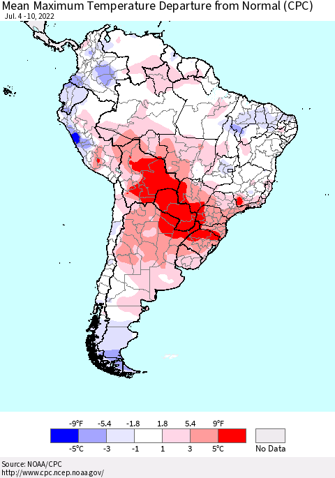 South America Mean Maximum Temperature Departure from Normal (CPC) Thematic Map For 7/4/2022 - 7/10/2022