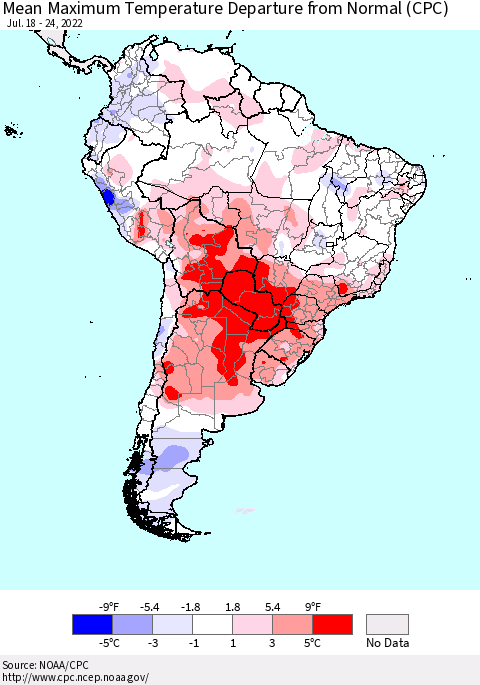 South America Mean Maximum Temperature Departure from Normal (CPC) Thematic Map For 7/18/2022 - 7/24/2022