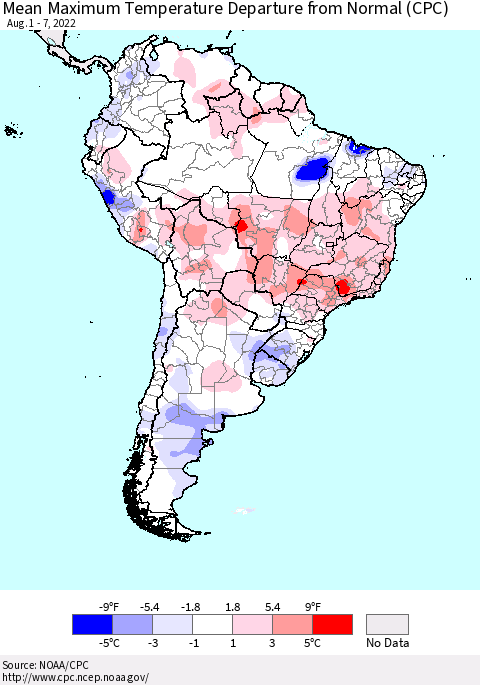 South America Mean Maximum Temperature Departure from Normal (CPC) Thematic Map For 8/1/2022 - 8/7/2022