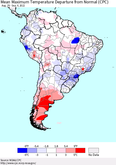 South America Mean Maximum Temperature Departure from Normal (CPC) Thematic Map For 8/29/2022 - 9/4/2022
