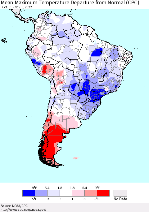 South America Mean Maximum Temperature Departure from Normal (CPC) Thematic Map For 10/31/2022 - 11/6/2022