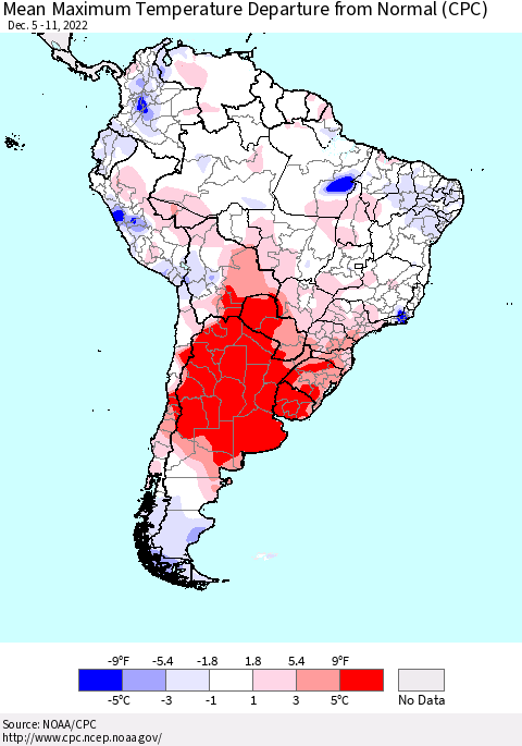 South America Mean Maximum Temperature Departure from Normal (CPC) Thematic Map For 12/5/2022 - 12/11/2022
