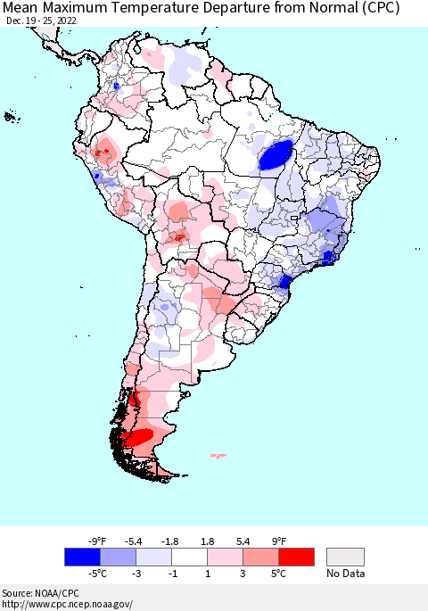 South America Mean Maximum Temperature Departure from Normal (CPC) Thematic Map For 12/19/2022 - 12/25/2022