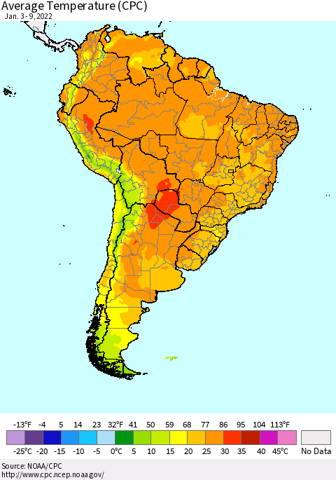 South America Average Temperature (CPC) Thematic Map For 1/3/2022 - 1/9/2022