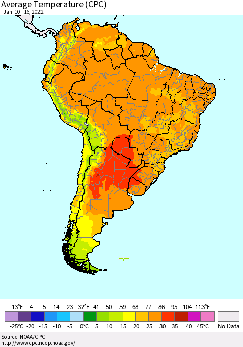 South America Average Temperature (CPC) Thematic Map For 1/10/2022 - 1/16/2022