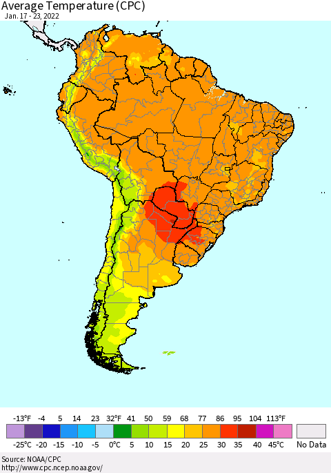 South America Average Temperature (CPC) Thematic Map For 1/17/2022 - 1/23/2022
