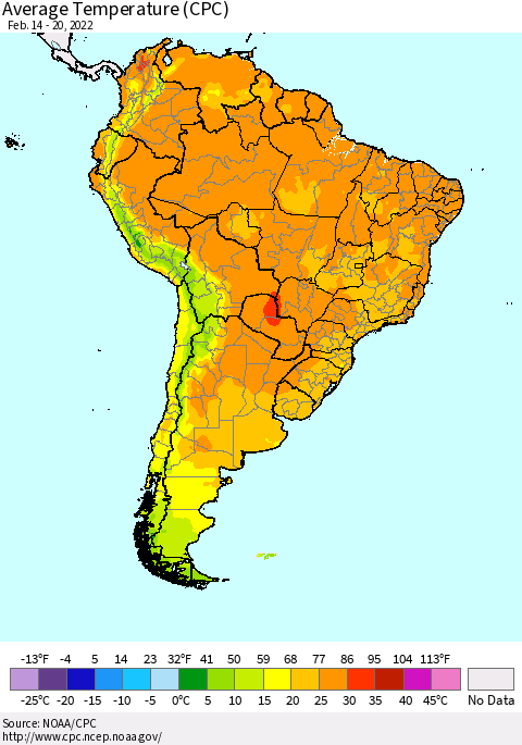 South America Average Temperature (CPC) Thematic Map For 2/14/2022 - 2/20/2022