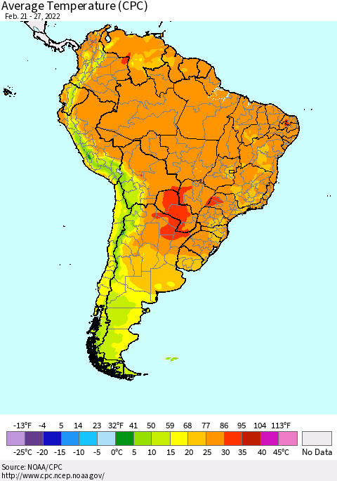 South America Average Temperature (CPC) Thematic Map For 2/21/2022 - 2/27/2022