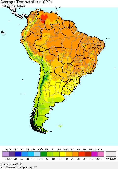 South America Average Temperature (CPC) Thematic Map For 3/28/2022 - 4/3/2022