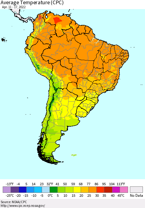 South America Average Temperature (CPC) Thematic Map For 4/11/2022 - 4/17/2022