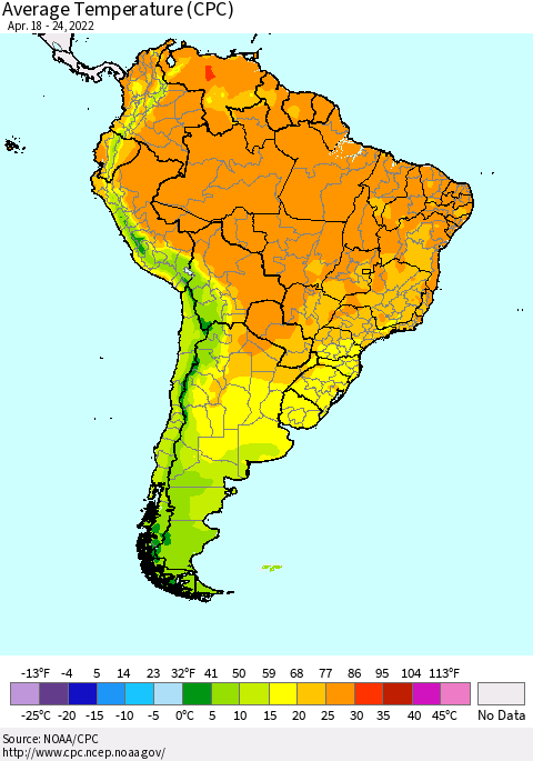 South America Average Temperature (CPC) Thematic Map For 4/18/2022 - 4/24/2022