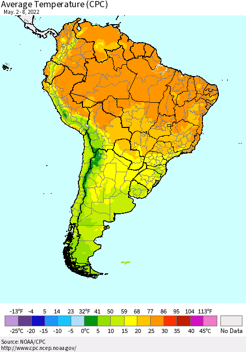 South America Average Temperature (CPC) Thematic Map For 5/2/2022 - 5/8/2022