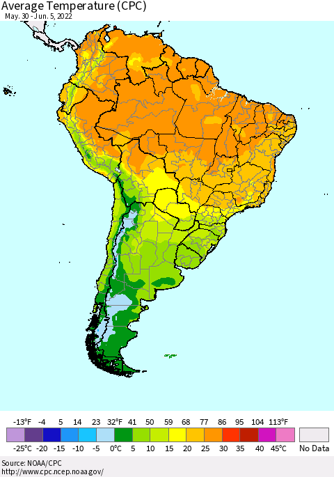 South America Average Temperature (CPC) Thematic Map For 5/30/2022 - 6/5/2022