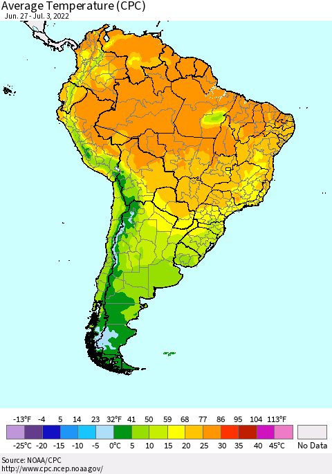 South America Average Temperature (CPC) Thematic Map For 6/27/2022 - 7/3/2022