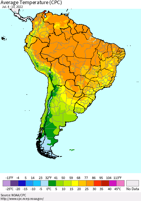 South America Average Temperature (CPC) Thematic Map For 7/4/2022 - 7/10/2022
