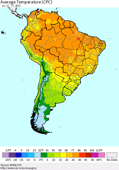 South America Average Temperature (CPC) Thematic Map For 7/11/2022 - 7/17/2022