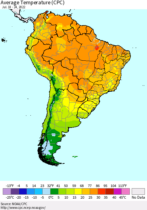 South America Average Temperature (CPC) Thematic Map For 7/18/2022 - 7/24/2022