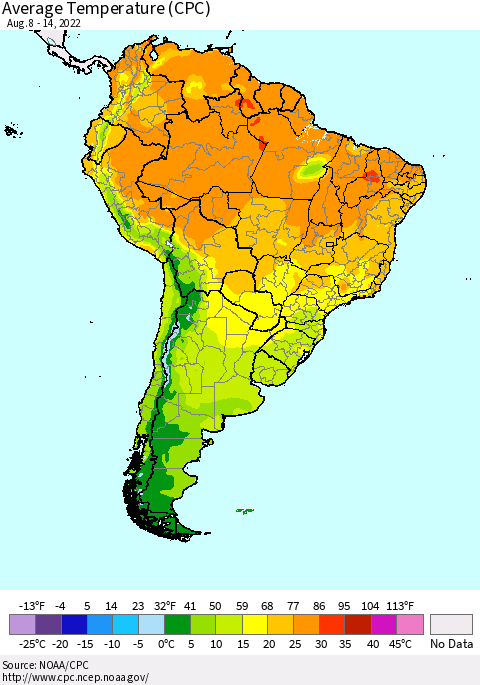 South America Average Temperature (CPC) Thematic Map For 8/8/2022 - 8/14/2022