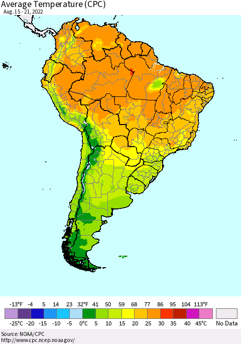 South America Average Temperature (CPC) Thematic Map For 8/15/2022 - 8/21/2022