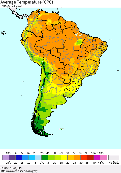 South America Average Temperature (CPC) Thematic Map For 8/22/2022 - 8/28/2022