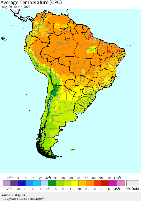 South America Average Temperature (CPC) Thematic Map For 8/29/2022 - 9/4/2022