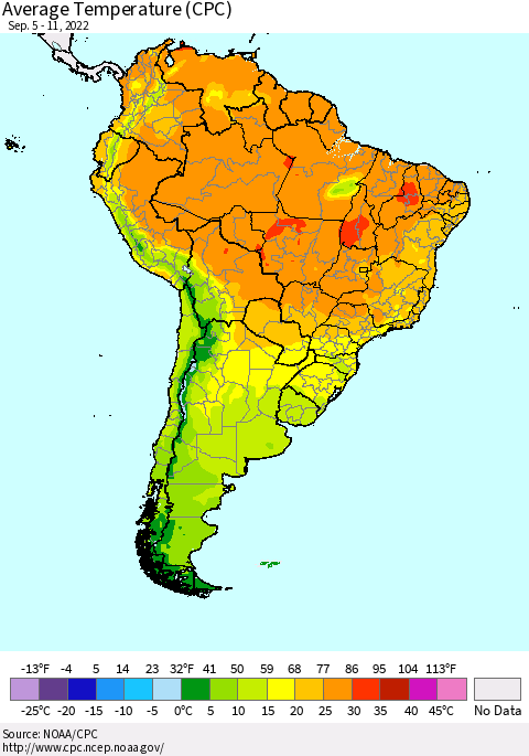 South America Average Temperature (CPC) Thematic Map For 9/5/2022 - 9/11/2022