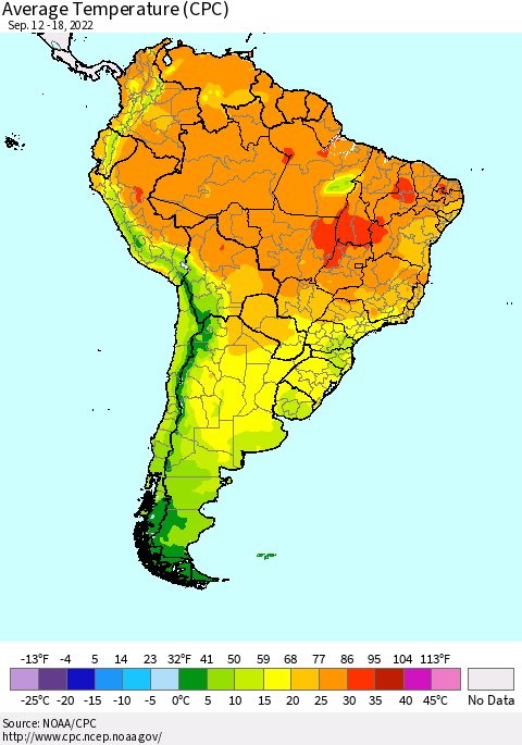 South America Average Temperature (CPC) Thematic Map For 9/12/2022 - 9/18/2022