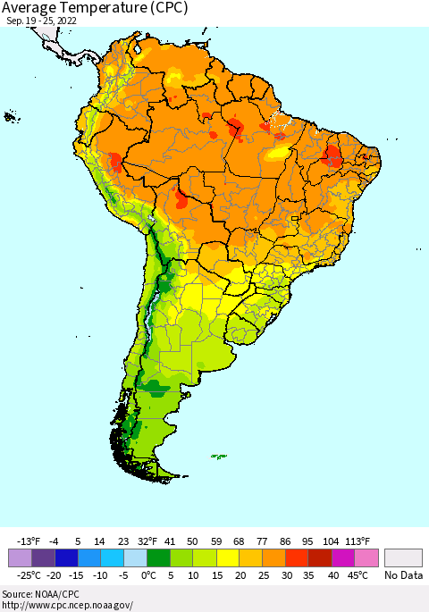 South America Average Temperature (CPC) Thematic Map For 9/19/2022 - 9/25/2022