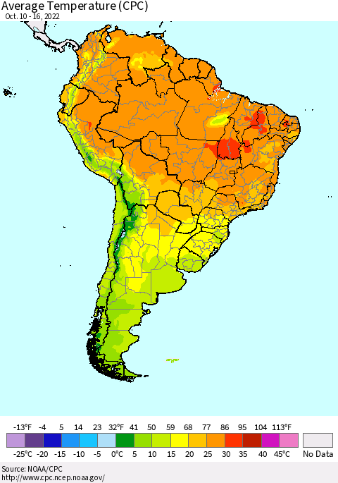 South America Average Temperature (CPC) Thematic Map For 10/10/2022 - 10/16/2022